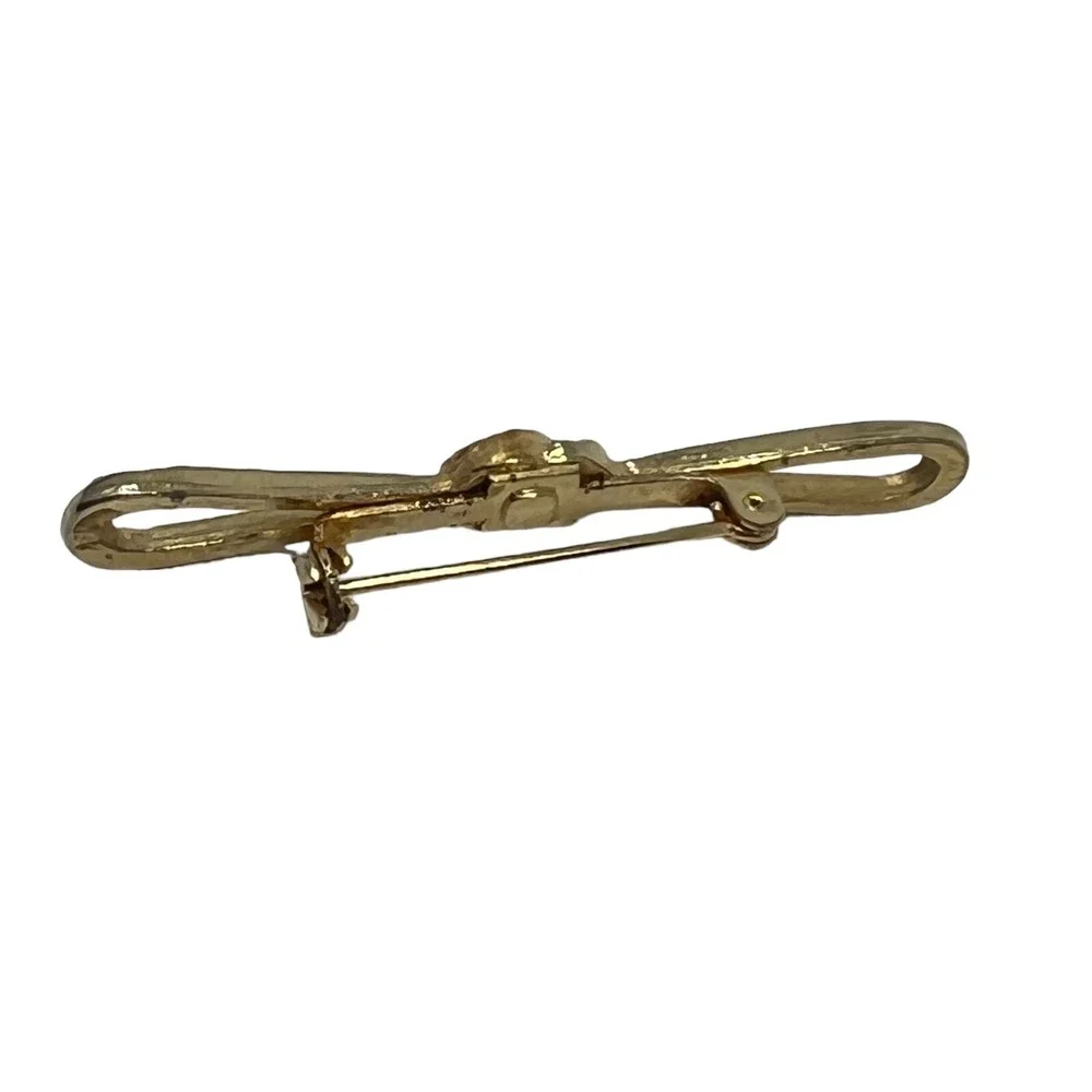 Vintage Bar Brooch Clear Rhinestone and Gold‎ Tone Bow Pin
